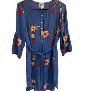 Figueroa & Flower Embroidered Boho Shift pullover Dress S Blue Rayon W/Belt